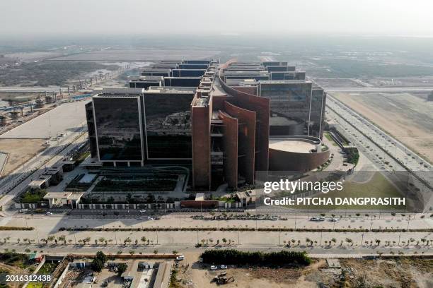 This aerial photograph taken on February 7, 2024 shows a general view of the Surat Diamond Bourse , a diamond trade centre in Surat. Man-made gems...