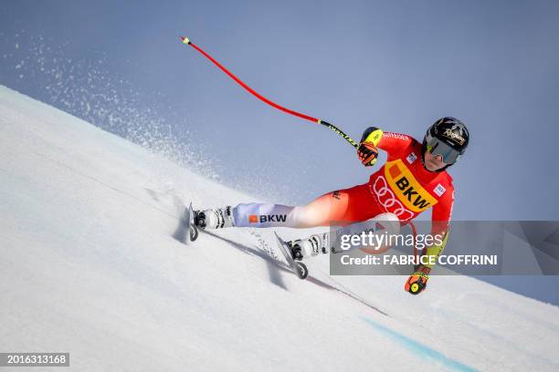 Switzerland's Lara Gut-Behrami competes during the Women's Super G event at the FIS Alpine Ski World Cup in Crans-Montana on February 18, 2024.