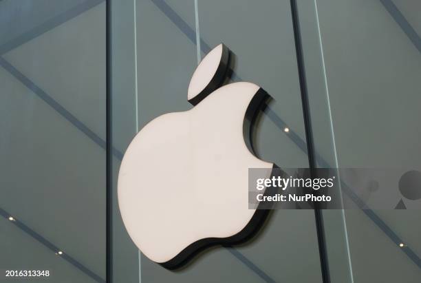 The logo of an Apple flagship store is being seen in Hangzhou, Zhejiang Province, China, on February 20, 2024. According to foreign media reports,...