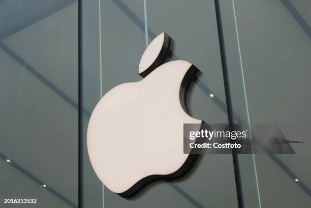 The LOGO of an Apple flagship store is seen in Hangzhou, Zhejiang province, China, February 20, 2024. According to foreign media reports, the...