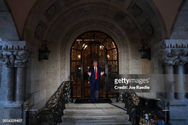 Former U.S. President and current GOP Presidential candidate Donald Trump addresses the press at Mar-a-Lago on February 16 in West Palm Beach,...