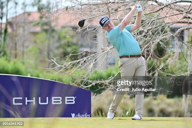 Jeff Maggert of the United States plays his shot on the 13th tee during the first round of the Chubb Classic at Tiburon Golf Club on February 16,...