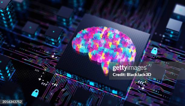 brain artificial intelligence chip. machine learning - digital mind technology concept. - natuurlijke taalverwerking stockfoto's en -beelden