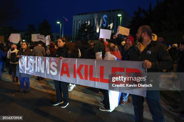 Protesters and mourners rally at the Russian Embassy following the death of Alexei Navalny on February 16, 2024 in Washington, DC. Navalny, an...