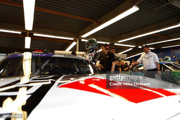 Hailie Deegan, driver of the Klutch Vodka Ford, enters her car in the garage area during practice for the NASCAR Xfinity Series United Rentals 300 at...