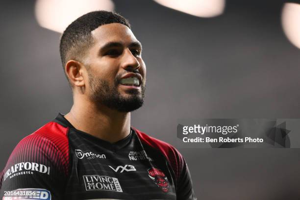 Kallum Watkins of Salford Red Devils during the Betfred Super League match between Leeds Rhinos and Salford Red Devils at Headingley Stadium on...