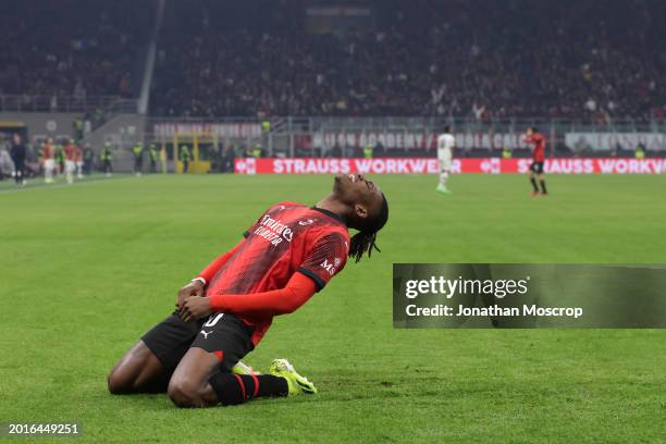 Rafael Leao of AC Milan celebrates after scoring to give the side a 3-0 lead during the UEFA Europa League 2023/24 Knockout Round Play-offs First Leg...