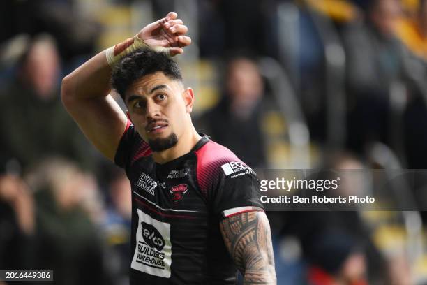 Tim Lafai of Salford Red Devils during the Betfred Super League match between Leeds Rhinos and Salford Red Devils at Headingley Stadium on February...