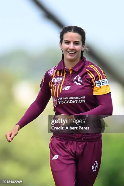 Charli Knott of Queensland celebrates dismissing Mathilda Carmichael of Western Australia during the WNCL match between Queensland and Western...