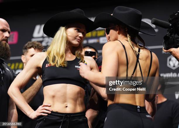 Opponents Andrea Lee and Miranda Maverick face off during the UFC 298 ceremonial weigh-in at Honda Center on February 16, 2024 in Anaheim, California.