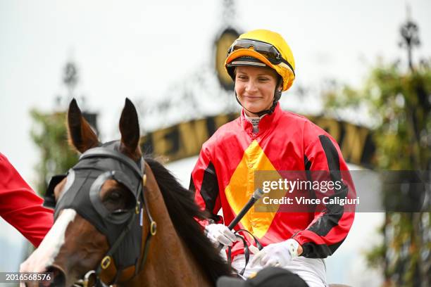 Jamie Kah riding El Soleado winning Race 1, the Goodwood Trophy, during Melbourne Racing at Flemington Racecourse on February 17, 2024 in Melbourne,...