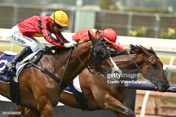 Jamie Kah riding El Soleado winning Race 1, the Goodwood Trophy, during Melbourne Racing at Flemington Racecourse on February 17, 2024 in Melbourne,...