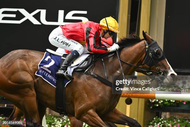 Jamie Kah riding El Soleado winning Race 1, the Goodwood Trophy, during Melbourne Racing at Flemington Racecourse on February 17, 2024 in Melbourne,...