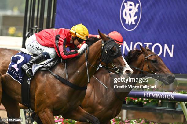 Jamie Kah riding El Soleado winning Race 1, the Goodwood Trophy, during Melbourne Racing at Flemington Racecourse on February 17, 2024 in Melbourne,...