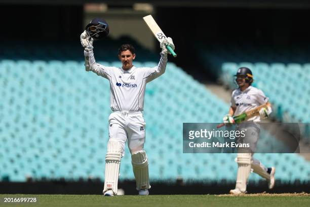 Nic Maddinson of Victoria celebrates reaching his century during the Sheffield Shield match between New South Wales and Victoria at SCG, on February...