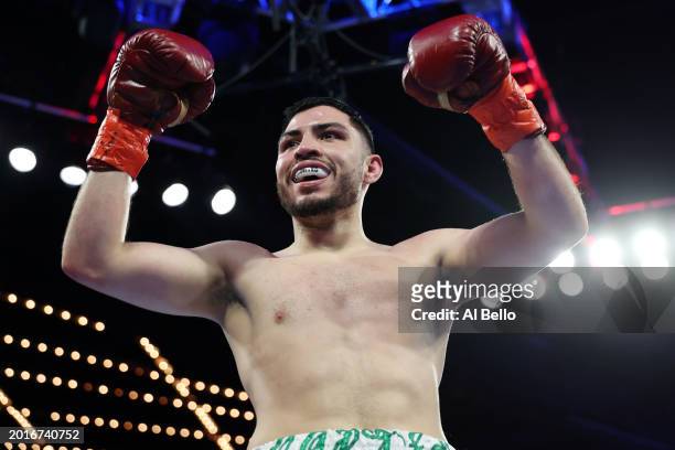 Andres Cortes reacts after defeating Bryan Chevalier of Puerto Rico during their WBO Intercontinental Junior Lightweight title fight at The Theatre...