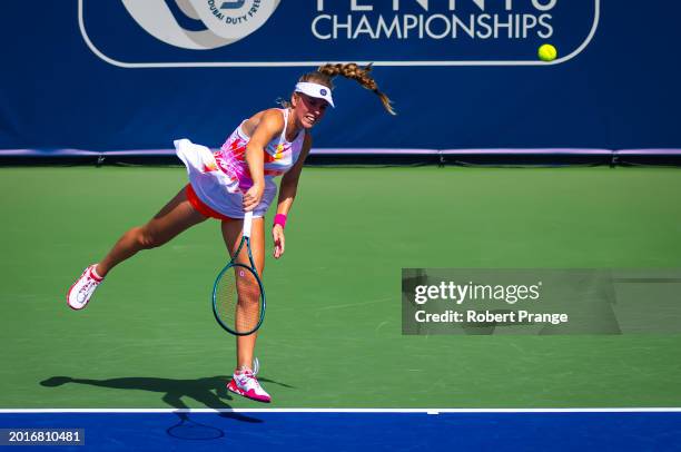 Magdalena Frech of Poland in action against Petra Martic of Croatia in the women's singles second round match on Day 3 of the Dubai Duty Free Tennis...