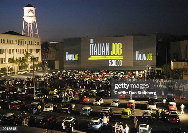 Over 250 Mini-Coopers converge for a "Mini" Premiere of the film "The Italian Job" at a makeshift drive-in style theater on the Paramount Studios lot...