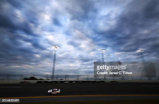 Denny Hamlin, driver of the FedEx Toyota, drives during practice for the NASCAR Cup Series Daytona 500 at Daytona International Speedway on February...