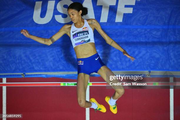 Vashti Cunningham competes in the Women's High Jump during the 2024 USATF Indoor Championships at the Albuquerque Convention Center on February 16,...