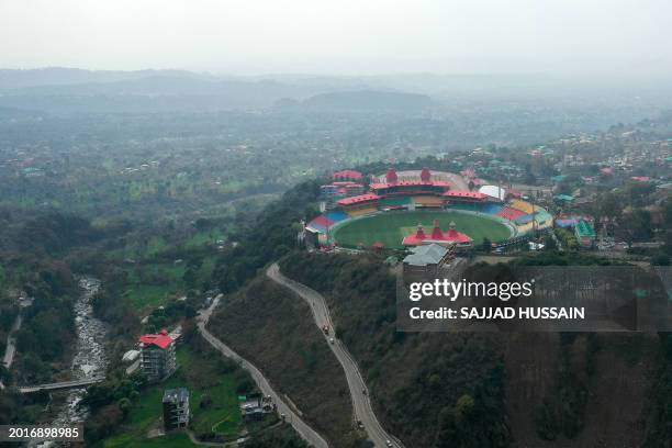 An aerial view shows the Himachal Pradesh Cricket Association Stadium in Dharamsala on February 20, 2024.