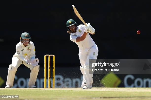 Chloe Tryon of South Africa bats during day three of the Women's Test Match between Australia and South Africa at WACA on February 17, 2024 in Perth,...