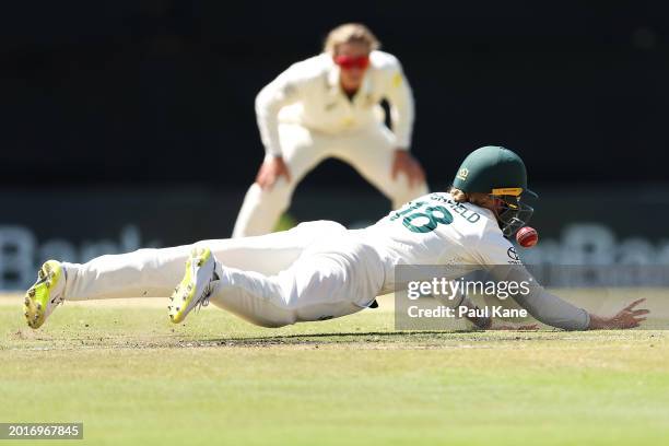 Phoebe Litchfield of Australia dives for the ball during day three of the Women's Test Match between Australia and South Africa at WACA on February...