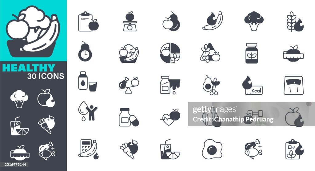 Healthy Food Icons set. Solid icon collection. Vector graphic elements, Icon Symbol, Vegetable, Healthy Eating, Fruit, Healthy Eating, Healthy Lifestyle, Healthcare and Medicine, Food and Drink