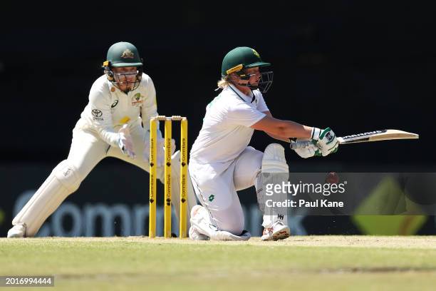 Delmi Tucker of South Africa bats during day three of the Women's Test Match between Australia and South Africa at WACA on February 17, 2024 in...