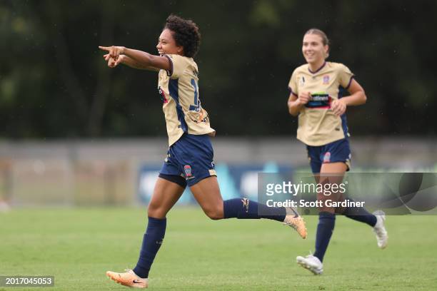 Sarina Bolden of the Jets celebrates a goal during the A-League Women round 17 match between Newcastle Jets and Brisbane Roar at Maitland Sports...