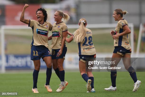 Sarina Bolden of the Jets celebrates a goal with team mates during the A-League Women round 17 match between Newcastle Jets and Brisbane Roar at...