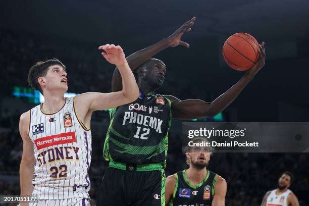 Gorjok Gak of the Phoenix rebounds the ball during the round 20 NBL match between South East Melbourne Phoenix and Sydney Kings at John Cain Arena,...
