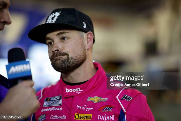 Ricky Stenhouse Jr., driver of the Boost by Kroger.Cottonelle Chevrolet, speaks to the media in the garage area during practice for the NASCAR Cup...