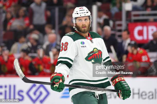 Ryan Hartman of the Minnesota Wild looks on against the Chicago Blackhawks during the first period at the United Center on February 07, 2024 in...