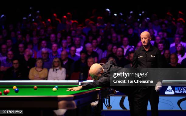 Luca Brecel of Belgium plays a shot in the Quarterfinal match against Martin O'Donnell of England on day five of 2024 Betvictor Welsh Open at Venue...