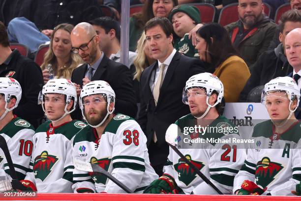 Assistant coach Darby Hendrickson of the Minnesota Wild looks on against the Chicago Blackhawks during the second period at the United Center on...