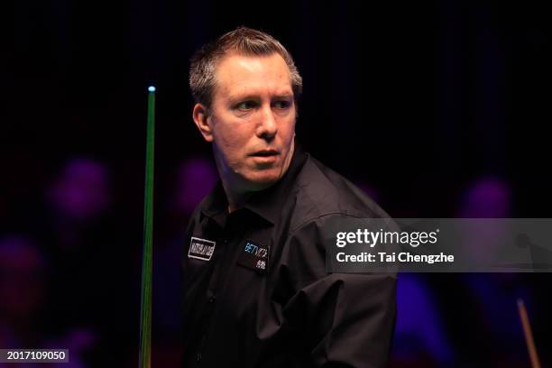 Dominic Dale of Wales reacts in the Quarterfinal match against Elliot Slessor of England on day five of 2024 Betvictor Welsh Open at Venue Cymru on...