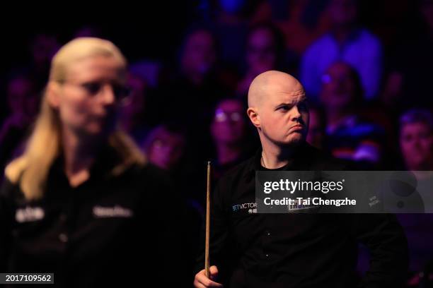Elliot Slessor of England reacts in the Quarterfinal match against Dominic Dale of Wale on day five of 2024 Betvictor Welsh Open at Venue Cymru on...