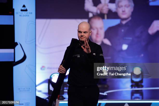 Elliot Slessor of England waves to audiences prior to the Quarterfinal match against Dominic Dale of Wale on day five of 2024 Betvictor Welsh Open at...