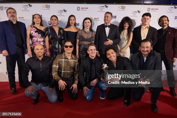 Cast member pose for a photo during a Red carpet of 'Luna Negra' movie premiere at Cinemex WTC on February 16, 2024 in Mexico City, Mexico.