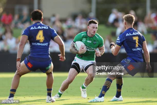 James Schiller of the Raiders runs with the ball during the NRL Pre-season challenge match between Parramatta Eels and Canberra Raiders at Netstrata...