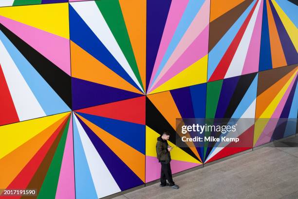 Colourful interior design pattern at Crossrail Place at the heart of Canary Wharf financial district on 6th February 2024 in London, United Kingdom....