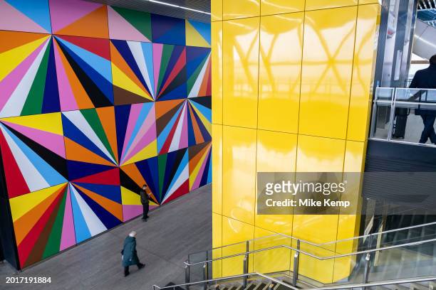 Colourful interior design pattern at Crossrail Place at the heart of Canary Wharf financial district on 6th February 2024 in London, United Kingdom....
