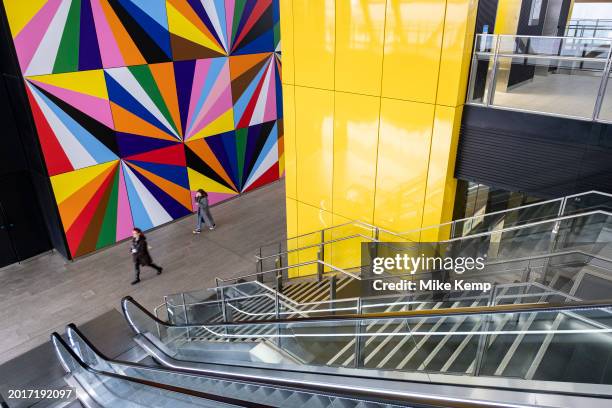 Colourful interior design pattern at Crossrail Place at the heart of Canary Wharf financial district on 6th February 2024 in London, United Kingdom....