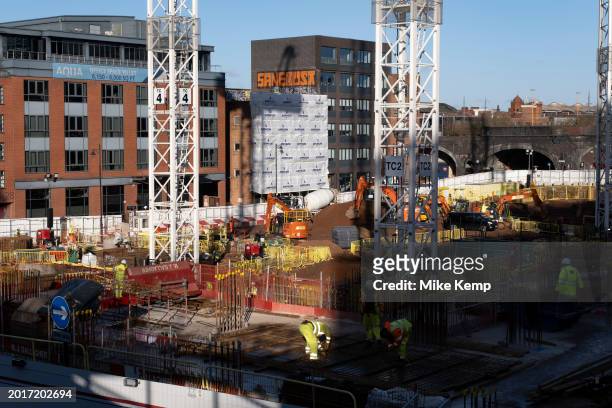 Construction site for a residential build-to-rent neighbourhood and housing complex on the site of the old Snow Hill car park in the Jewellery...