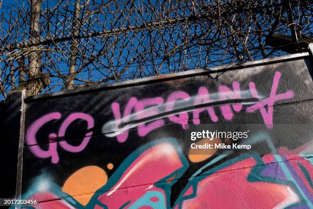 Go vegan graffiti which has been defaced and altered to erase the word vegan along the Digbeth Branch Canal in the city centre on 9th January 2024 in...