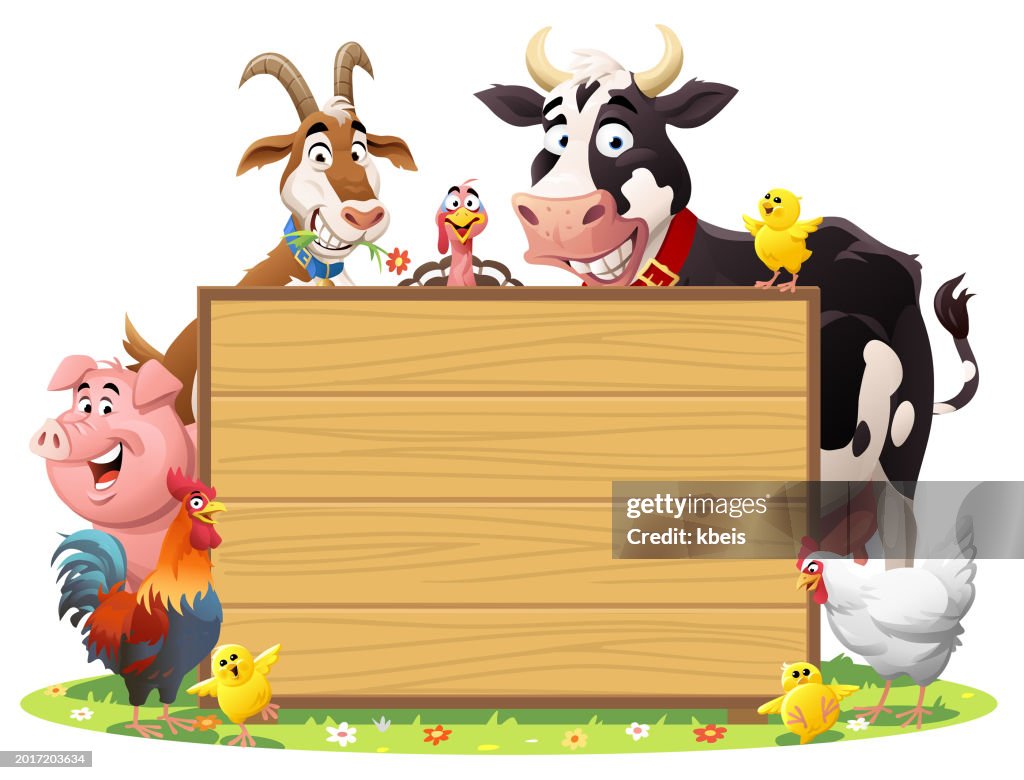 Alegres Animales De Granja Detrás De Un Letrero De Madera