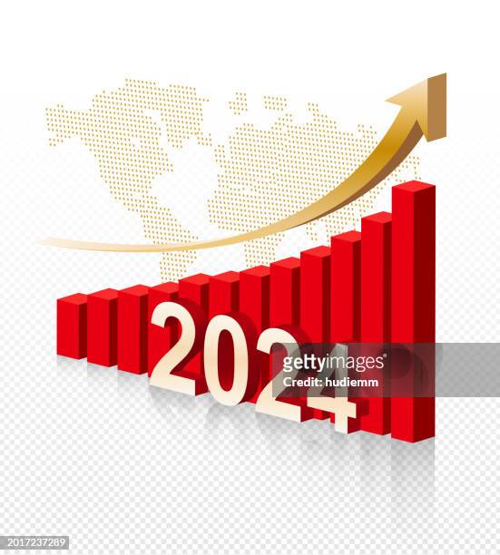 ilustraciones, imágenes clip art, dibujos animados e iconos de stock de gráfico de crecimiento del año vectorial de 2024 con mapa mundial aislado - height chart