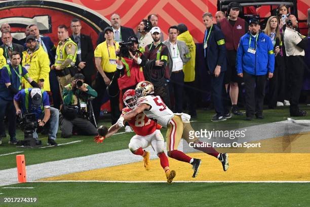 Fred Warner of the San Francisco 49ers breaks up the pass to Travis Kelce of the Kansas City Chiefs in the second half during Super Bowl LVIII at...
