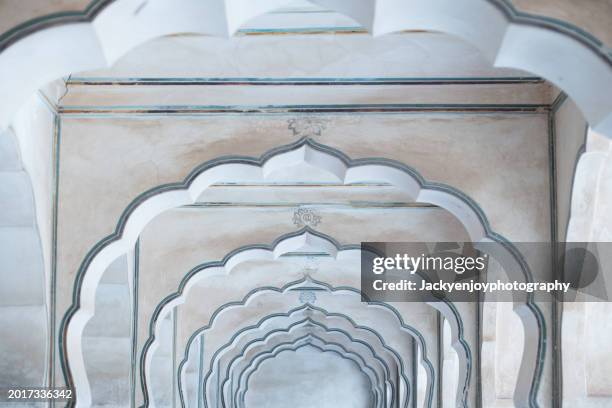 man singh palace square's baradhari pavilion is located in amber fort in jaipur, rajasthan, india. - rambagh palace hotel stockfoto's en -beelden